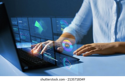 Business finance data analytics graph.Financial management technology.Advisor using KPI Dashboard on virtual screen. - Shutterstock ID 2135718349