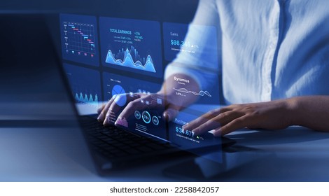 Business finance data analytics graph.Financial management technology.Advisor using KPI Dashboard on virtual screen. - Shutterstock ID 2258842057