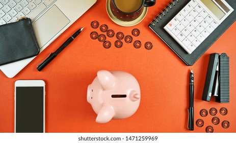 Business And Finance Desk Workspace Concept With Stylish Masculine Accessories And High Tech Laptop On Stylish Brown Background.