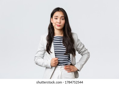 Business, Finance And Employment, Female Successful Entrepreneurs Concept. Arrogant And Confident Young Asian Businesswoman Looking Unimpressed, Make Skeptical Smirk