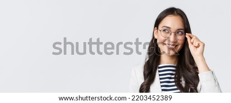 Business, finance and employment, female successful entrepreneurs concept. Close-up of dreamy and thoughtful smart asian woman, office worker in glasses, smiling and looking left