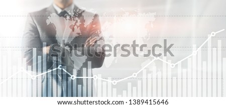 Business finance growth graph chart analysing diagram trading and forex exchange concept double exposure mixed media background website header