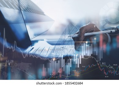 Business Finance Investment Background, Businessman Or Finance Analyst Working In Office, Monitoring With Trading Graph Marketing Report On Virtual Screen, Business Intelligence And Technology Concept