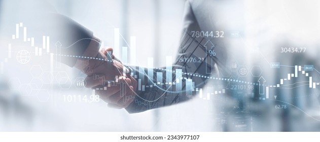 Business finance and investment background, global business and data analysis concept. Businessmen  making a handshake with economic graph growth chart, business development, joint venture
