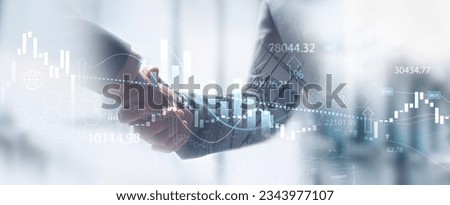 Business finance and investment background, global business and data analysis concept. Businessmen  making a handshake with economic graph growth chart, business development, joint venture