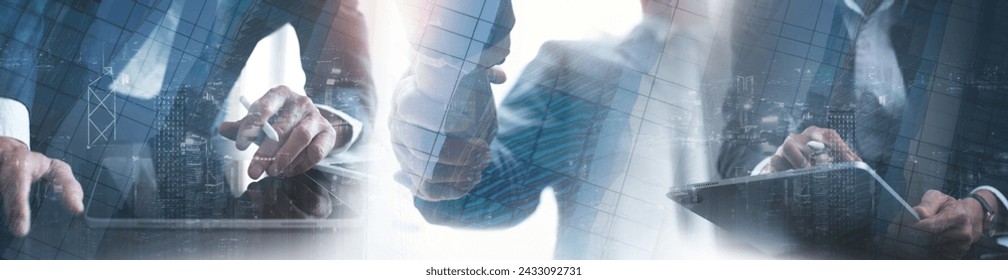 Business, finance and investment background. Teamwork, businessman making a handshake and corporate team working on digital tablet at office, b2b business to business marketing concept - Powered by Shutterstock