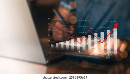 Conceitos de investimento e financiamento de negócios, empreendedores analisam gráficos de crescimento econômico para decisões financeiras e financeiras de negócios, relatórios de mercado de ações, estratégias, coleta de dados, previsões.