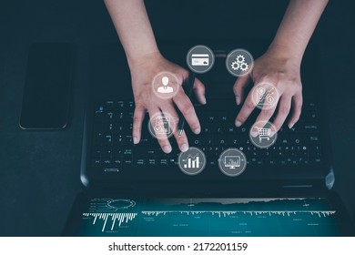 Business finance and laptops, phones, and tablets with featuring stock tickers or graphs, cryptocurrency and new trading platforms, ideas and perspectives, Stock investment,New technology  - Shutterstock ID 2172201159