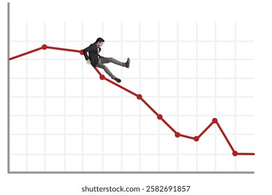 Business, finance and man fall on bar graph for stock market decline, economic crash and bad investment. Space, financial crisis and scared trader on graphic chart for crypto price drop and recession - Powered by Shutterstock - Get 15% off with code: PIKWIZARD15