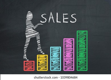 Business, Finance, Retail, Sales Concept. Business Woman Holding Inscription SALE And Climbing Up On Hand Drawn Graphs Chart Diagram Columns