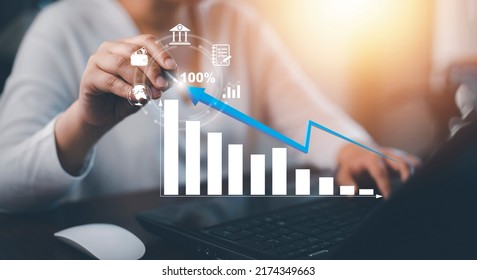 Business Finance Technology And Investment Concept. Stock Market Investments Funds And Digital Assets. Woman Using Laptop Or Computer And Trading Graph Financial Data. Business Finance Background.