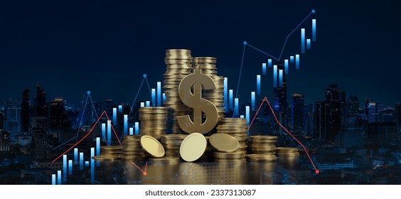 business finance,currency exchange,business investment and Finance concept.Financial stock market graph and rows of coins growth,Investment graph and rows growth of coins on night city background. - Shutterstock ID 2337313087