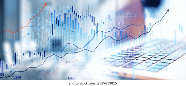 Business financial analysis with stock charts, binary code, and graphs overlaying a laptop keyboard. Concept of trading, investment, and market trends