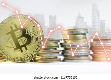 Business Financial Bitcoin Decreasing Down With Graph Decresing, Coin, And City Skyline In Background.