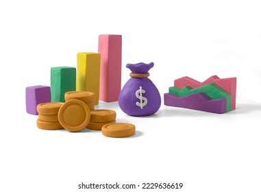 Business financial management, plan and growth strategy concept, handmade with plasticine. Financial business plan concept, charts made of plasticine. money bag icon - Powered by Shutterstock