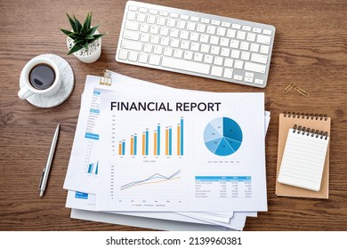 Business Financial Report, Stack Of Chart Graph And Accounting Data Documents With Computer On Office Wooden Desk, Financial Statement Review