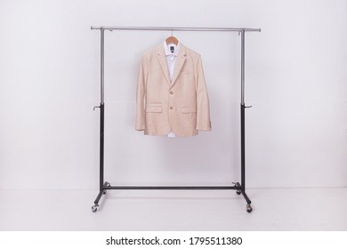 Business Formal Linen Suit With White Shirt Closeup On Hanger