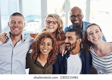 Business, friends portrait and hug in a office with a smile from copywriter teamwork and collaboration. Diversity, happiness and writer staff together and feeling proud from motivation and success - Powered by Shutterstock