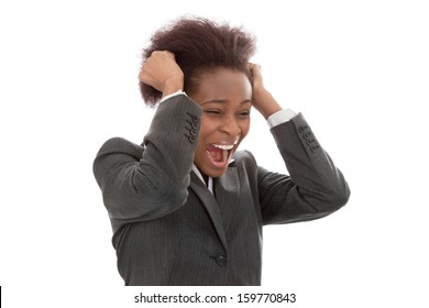 Business: Frustrated Black Woman Pulling Out Hair Screaming Isolated On White Background