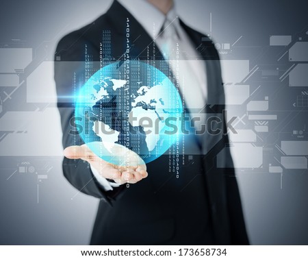 business and future technology concept - closeup of businessmans hand showing earth globe