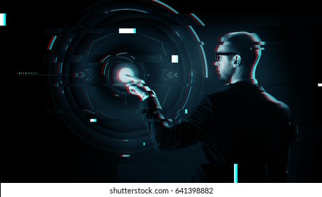 business, future technology, cyberspace and people - businessman in suit and glasses pointing finger to virtual projection over virtual glitch effect - Powered by Shutterstock