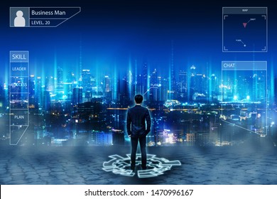 Business Game Technology Concept, Professional Business Man Standing On Future Network City Background At Night With Game Online Interface Graphic