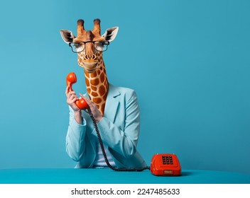  Business giraffe talking over the phone over a blue background, concept - Shutterstock ID 2247485633