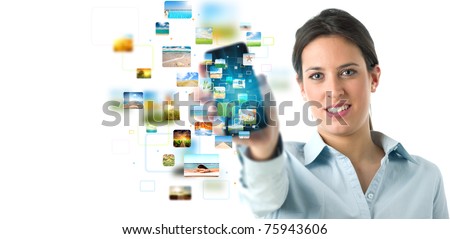 Business girl banner with streaming mobile phone