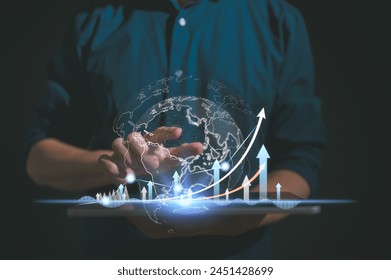Business global internet connection application technology and digital marketing, Financial and banking, Digital link tech, big data Hand holding virtual Global Internet connection metaverse