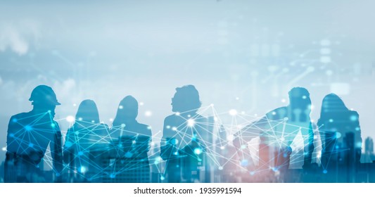 Business Global Network Connection Telecommunication Technology Concept, Futuristic Silhouette Business People Group Working On Communication Technology With Internet Link Graphic Background