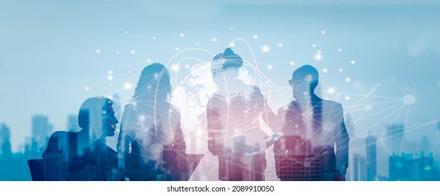 Business global network connection telecommunication or Metaverse technology concept, Futuristic silhouette business people group working on virtual meeting with internet link graphic background