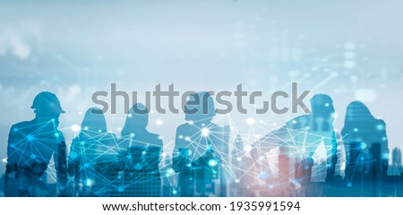 Business global network connection telecommunication technology concept, Futuristic silhouette business people group working on communication technology with internet link graphic background