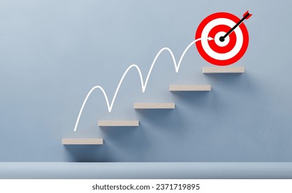 Business goal achievement step by step. Wooden blocks show work process management and target icon. Steps for goal achievement and business success. Managing project timeline.