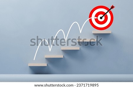 Business goal achievement step by step. Wooden blocks show work process management and target icon. Steps for goal achievement and business success. Managing project timeline.