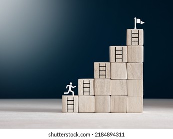 Business Goal Achievement, Success, Personal Growth Or Career Improvement Concepts. Ascending Wooden Cube Stairs With Person Icon Climbing The Ladders To Reach The Flag.