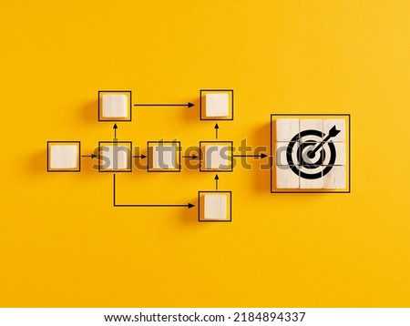 Business goal achievement, workflow and process automation flowchart. Wooden cubes representing work process management and target icon on yellow background.
