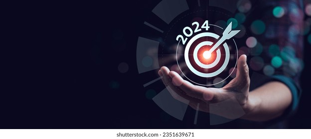 business goals trends 2024. analytical businessperson planning business growth 2024, strategy digital marketing, profit income, economy, stock market trends and business, technical analysis strategy
