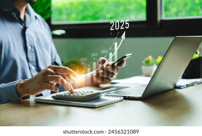 business goals trends 2025. analytical businessperson planning business growth 2025, strategy digital marketing, profit income, economy, stock market trends and business, technical analysis strategy - Powered by Shutterstock