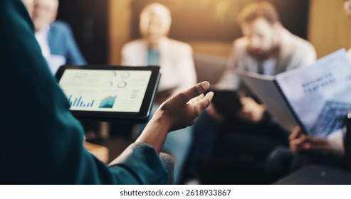 Business graphs, hands and discussion with tablet screen for data analysis, revenue performance or profit growth. Closeup, investors or statistics for budget forecasting, financial feedback or report