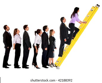 Business Group Climbing A Ladder Isolated Over A White Background