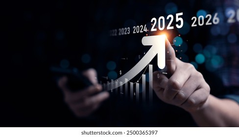 Business growing in 2025. Analytical businessman planning business growth 2025, strategy digital marketing, profit income, economy, stock market trends and business - Powered by Shutterstock