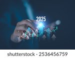 Business growth 2025 concept. Businessman analyze new year trend of future business technology, economic, marketing, opportunity investment, financial, calendar plan, business goal and success.