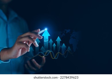 Business Growth and development chart of company. arrows pointing up, Planning, good sales performance return on investment, opportunity, challenge business strategy. Development to success motivation - Shutterstock ID 2278439623