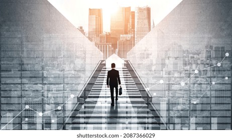 Business growth potential concept with virtual graphic of financial success . Businessman with report chart up forward to global career path growth and achievement in stock market investment . - Powered by Shutterstock