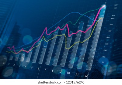 Business growth, progress or success concept. Financial bar chart and growing graphs with depth of field on dark blue background.