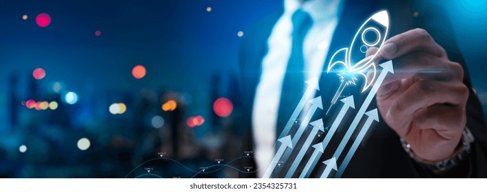 Business growth up,planning,strategy,business start up concept.Businessman touch rocket launch investment growth,starting corporate,aiming objective value development leadership,customer target group.