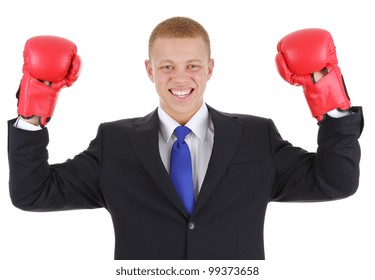 A business guy wearing boxing gloves, isolated on white