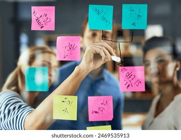 Business, hand or brainstorming with sticky notes on glass for planning sales project, strategy process or tasks. Collaboration, writing and employees in meeting for ideas, solution or goals schedule - Powered by Shutterstock