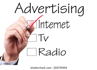 Business Hand Checking The Checklist Boxes Advertising Internet Tv Radio By Pen On Transparent Glass 