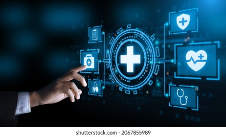 Business Hand Clicks To Health Icon For Healthcare Medical, Insurance For Your Health Concept And Spread Attention On Their Healthcare, Rising Growth In Hospital And Health Insurance Business.